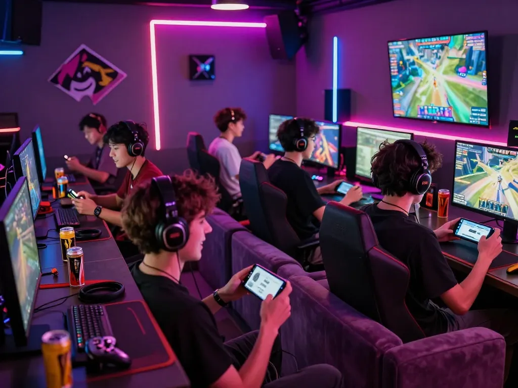 Players in a vibrant gaming lounge excitedly tải sunwin on their mobile devices, surrounded by neon lights and game visuals.