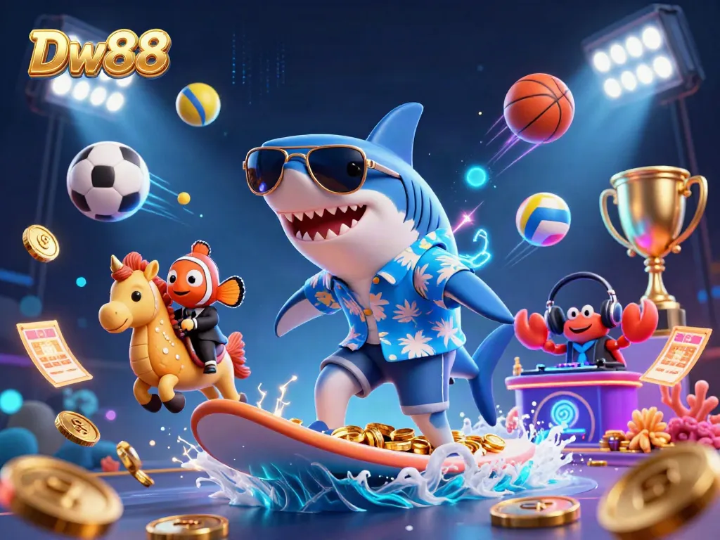 Experience thrilling moments at Dw88 with the shark surfing on gold coins surrounded by vibrant sports elements.