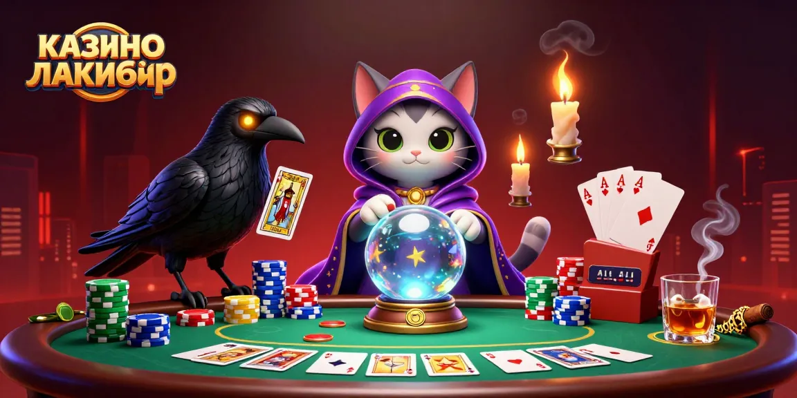 Engage with the mystical ambiance of казино лакибир through a vibrant 3D casino scene filled with fortune tellers, poker chips, and dramatic lighting.