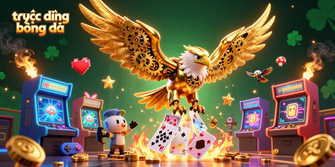 Experience trực tiếp bóng đá with a cybernetic eagle diving through holographic cards and engaging arcade elements, showcasing vibrant gameplay.