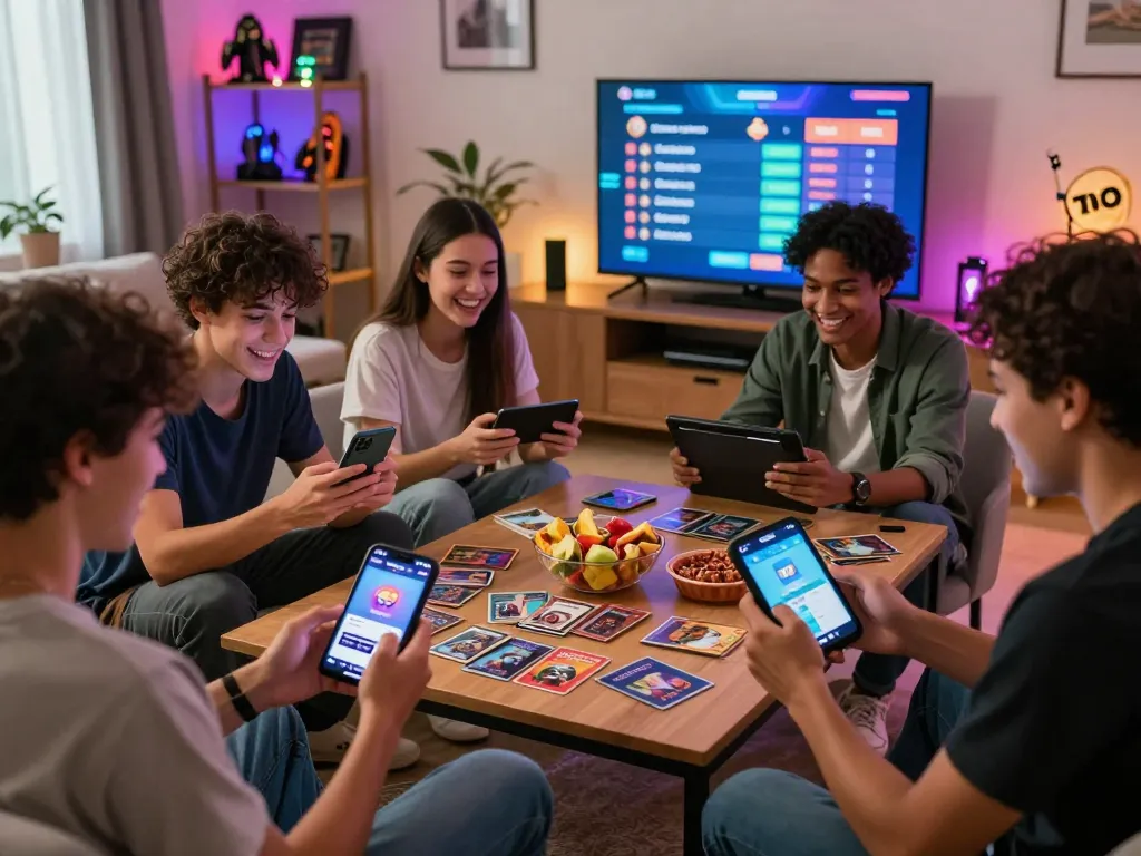 Friends enjoying the 789 club gaming app in a lively living room filled with snacks, laughter, and competition.