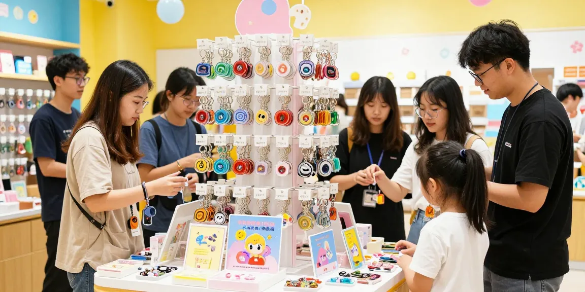 Custom keychains displayed in a vibrant e-commerce store with customers browsing and engaging with unique designs and promotional offers.