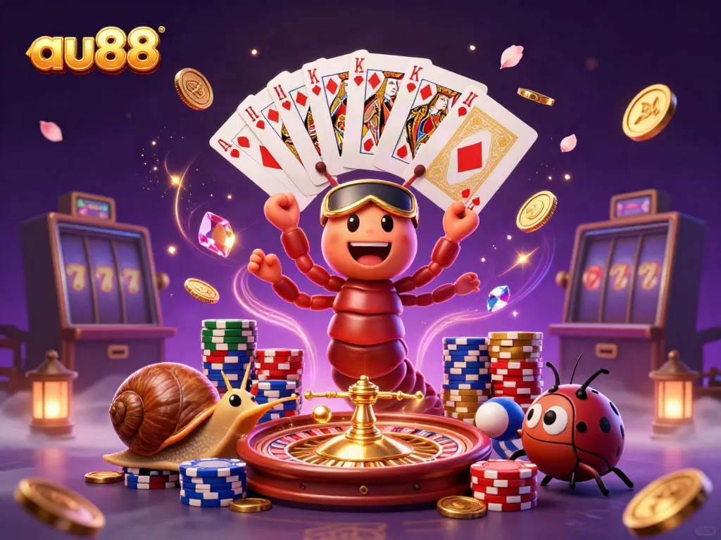 Engage in exciting plays at au88 with an animated casino scene featuring vibrant characters and sparkling game elements.