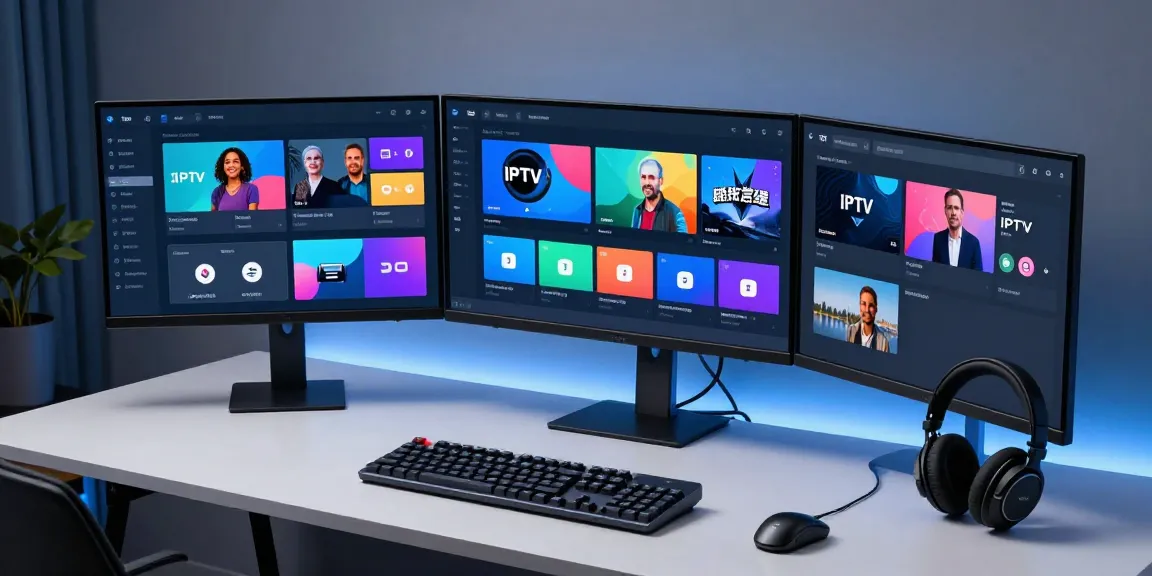 IPTV subscription management software displayed on monitors in a modern tech workspace, showcasing advanced analytics and performance metrics.