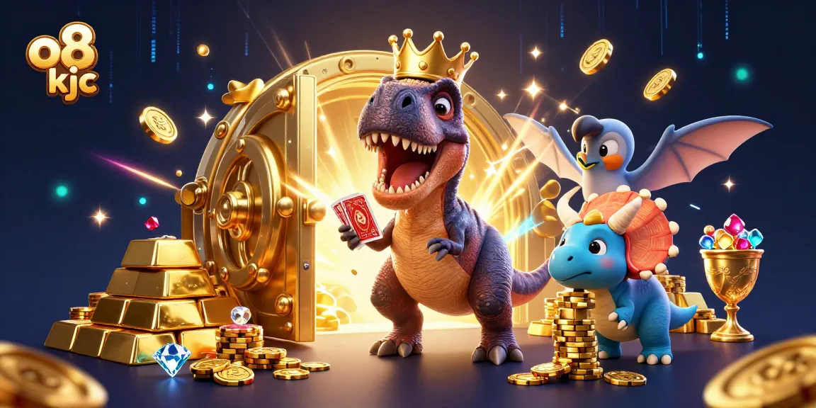 Engage with o8 kjc as a T-Rex shuffles cards while a pterodactyl holds for it in a treasure-filled casino.