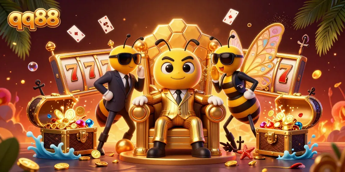 Engage in thrilling casino action with qq88 featuring dynamic slot reels and a vibrant bumblebee mob scene.