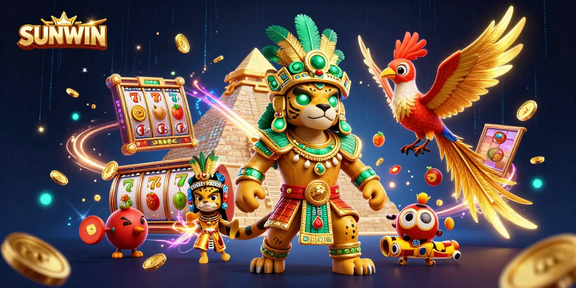 SUNWIN slots come alive with vibrant 3D characters and dynamic slot game elements surrounding them.