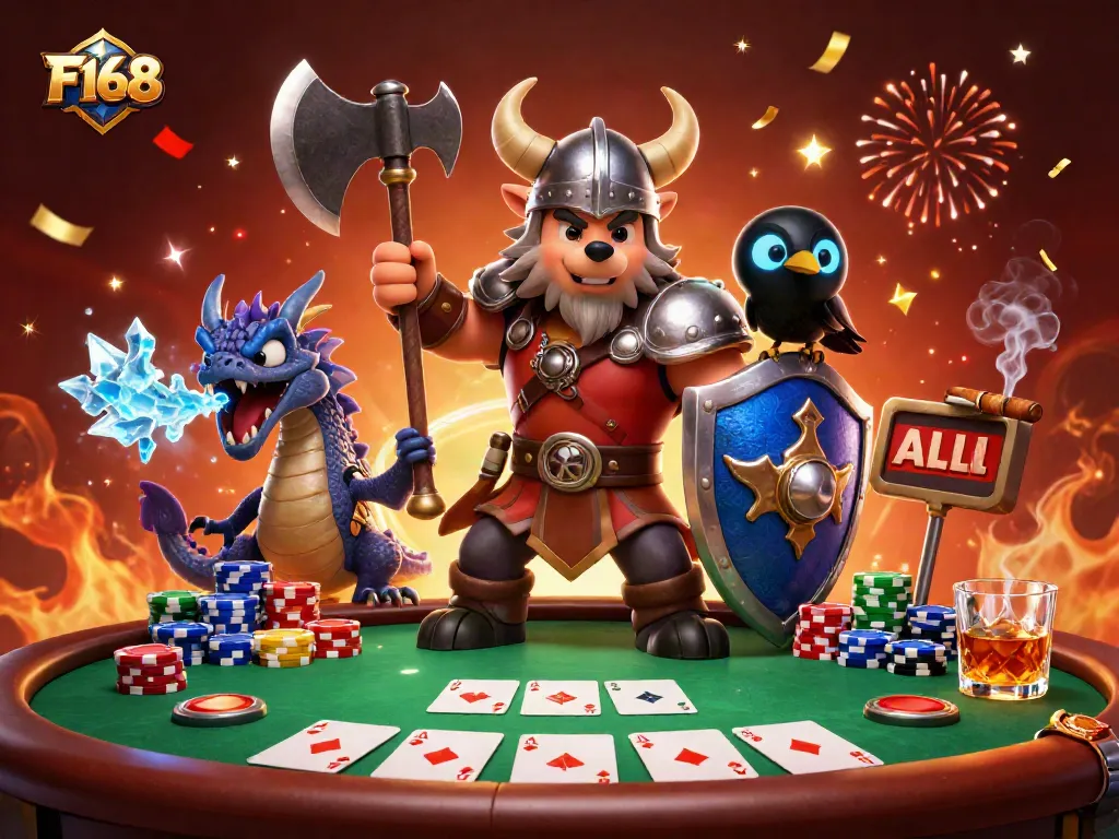 Engage with thrilling F168 gaming experiences featuring vibrant characters and casino elements.
