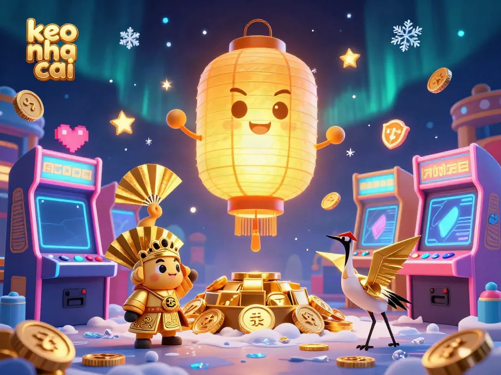 Experience the vibrant energy of keo nha cai with a golden lantern spirit in a dazzling casino-themed illustration.
