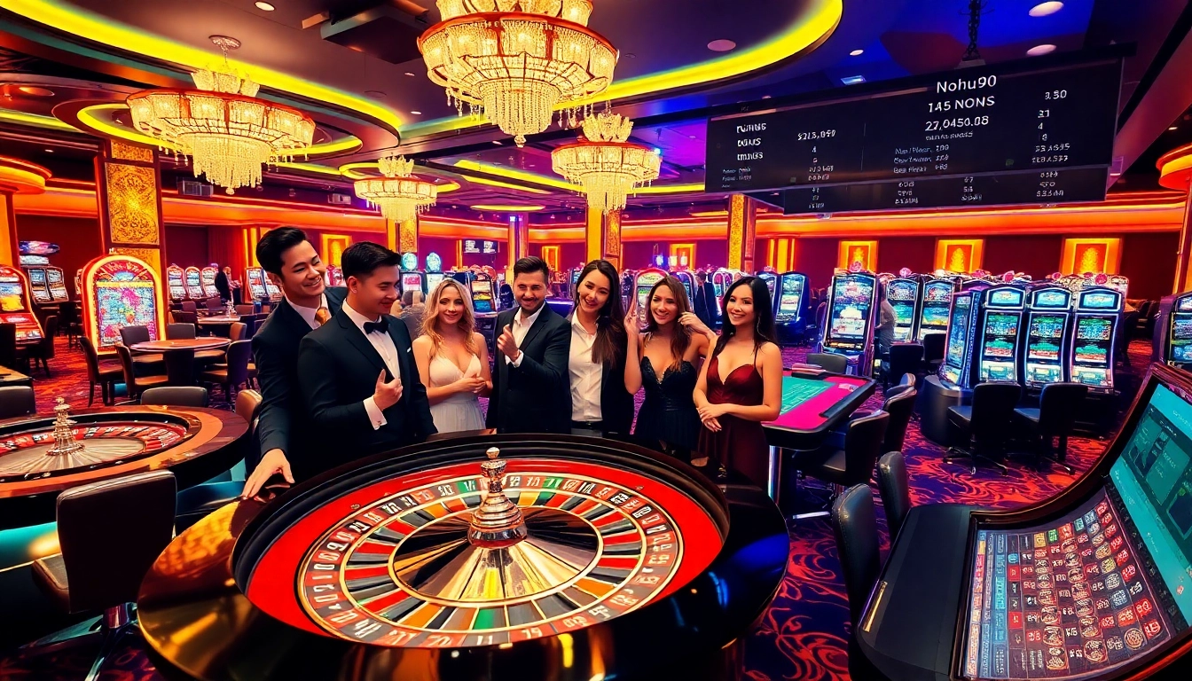 Nohu90 players celebrate their winnings at a glamorous casino table amid an exciting gambling experience.