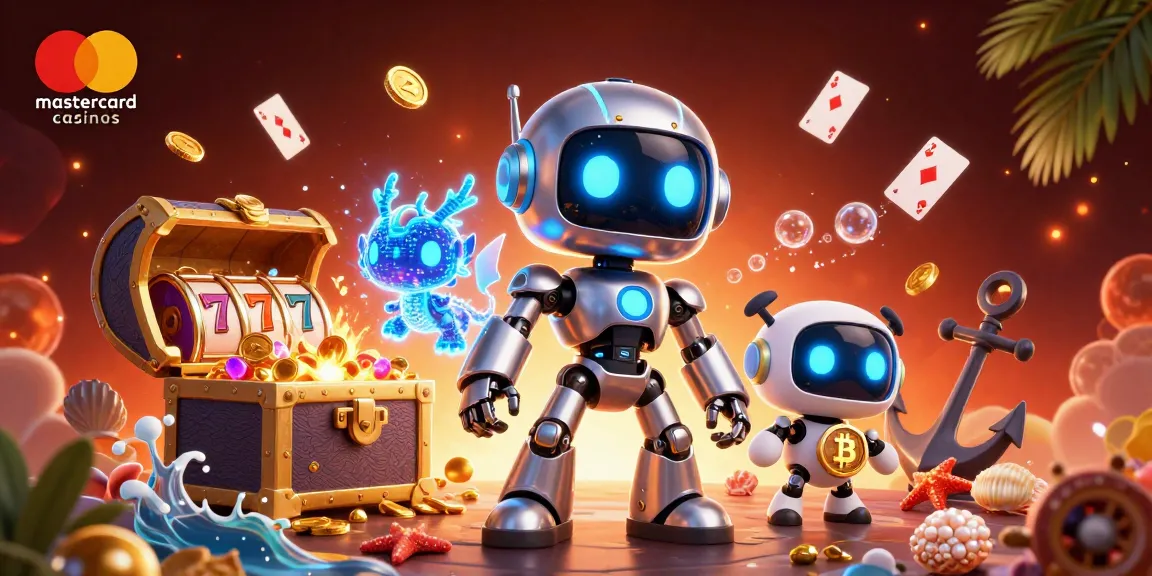 Engage with the vibrant world of mastercard casinos featuring a cyberpunk robot, AI dragon, and bitcoin drone.