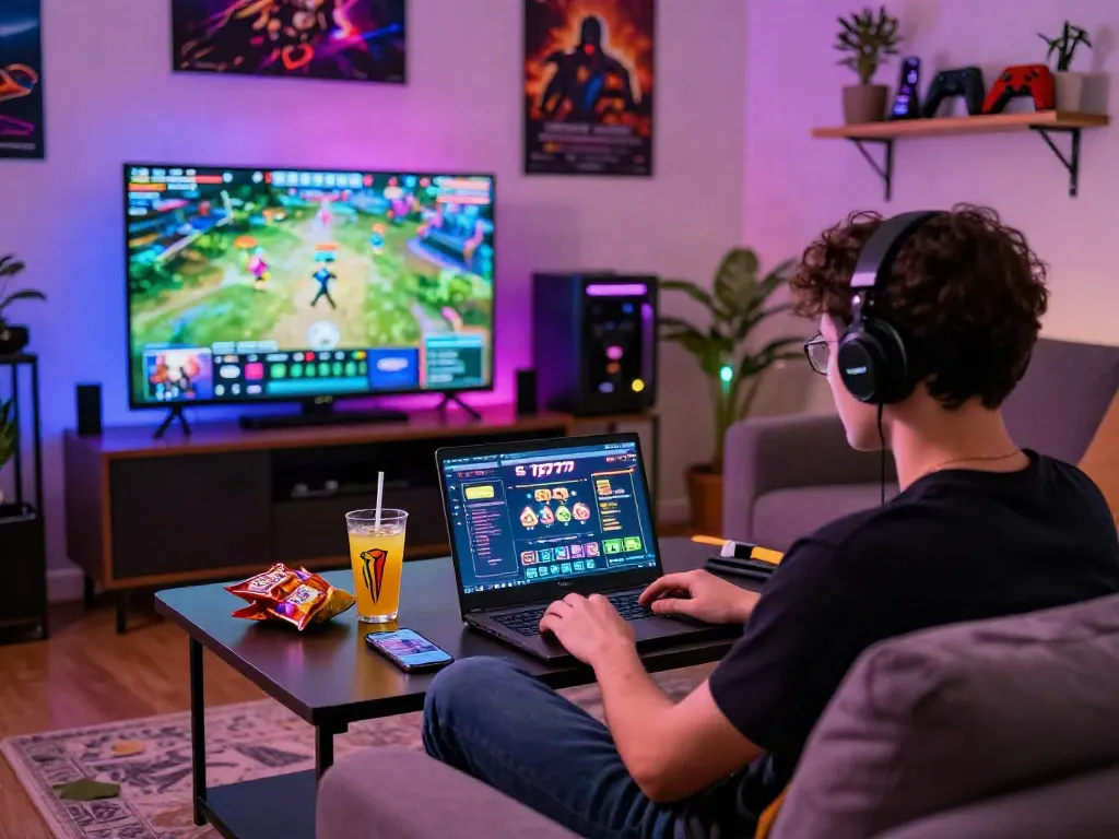 Player engaging with slot777 game on laptop in colorful gaming setup