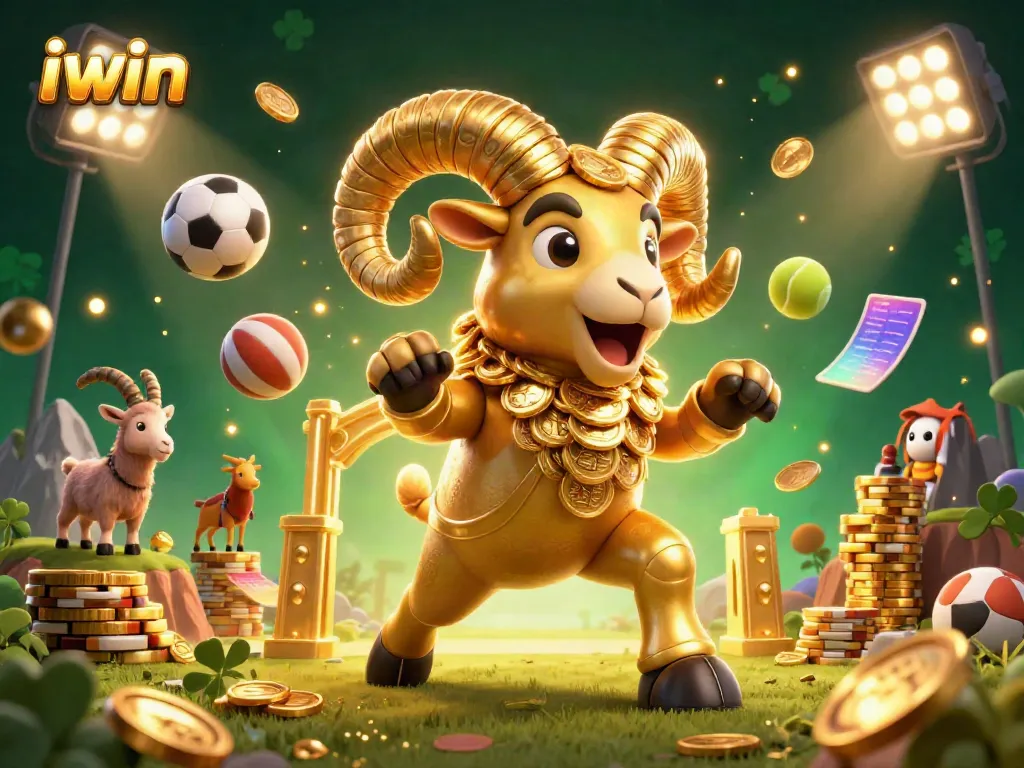 Experience the excitement of iwin with a vibrant 3D casino scene featuring a golden ram and dynamic sports elements.