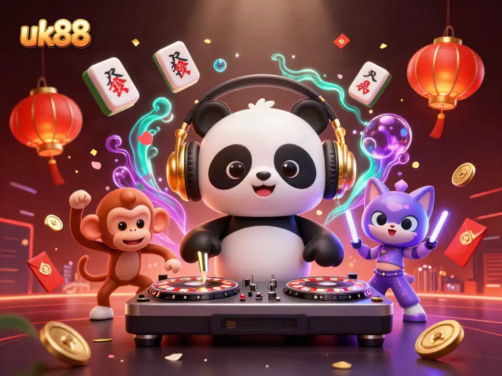 Experience the excitement of uk88 with DJ panda and dancing characters in a vibrant casino setting.