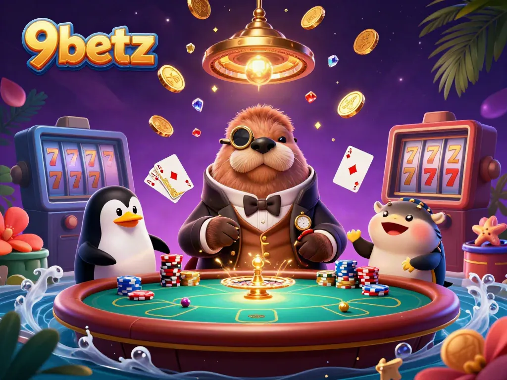 Experience thrilling gameplay at 9betz with a jolly walrus, sophisticated dealer, and chip-stacking action.