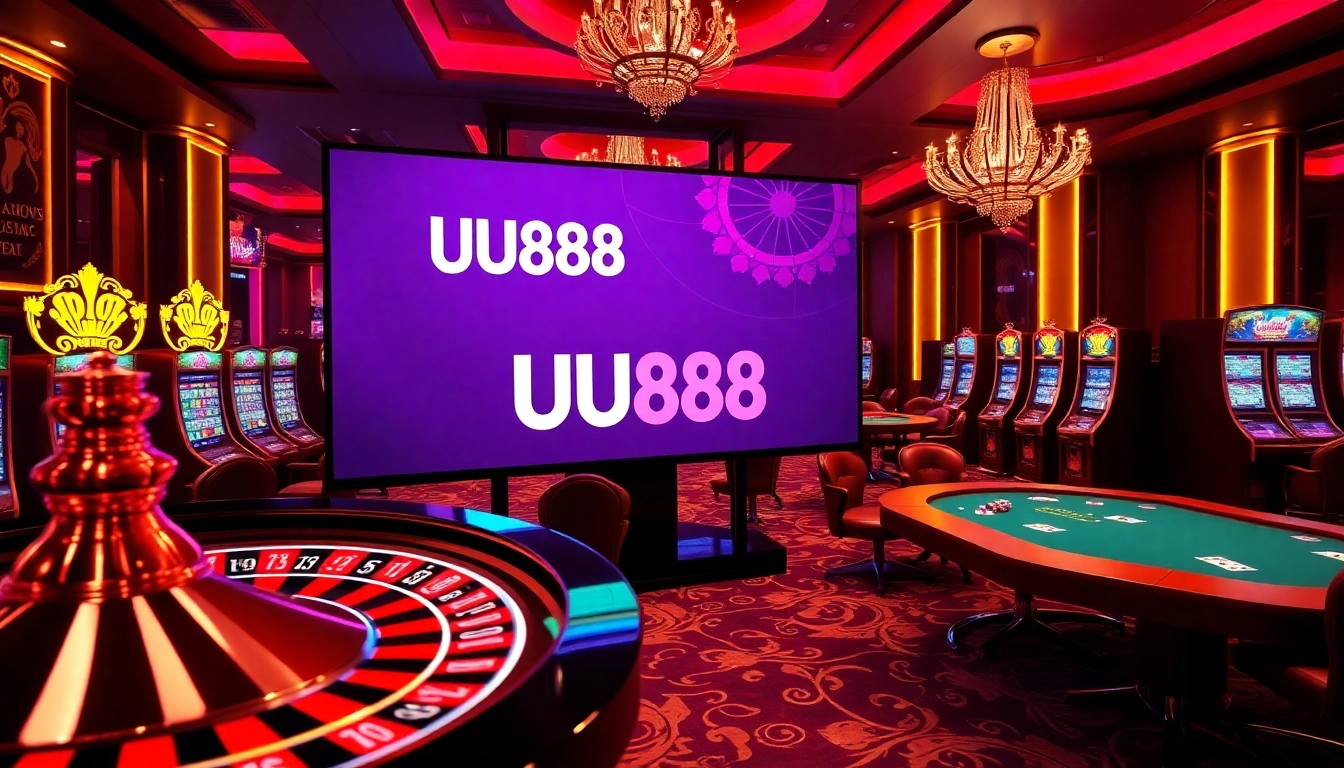 UU88 casino scene with poker tables and roulette wheel, showcasing an exciting gambling experience.