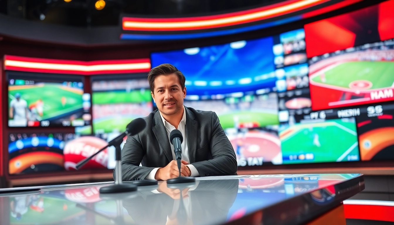 Engaging sports broadcasting scene showcasing an anchor in action with live sports behind.