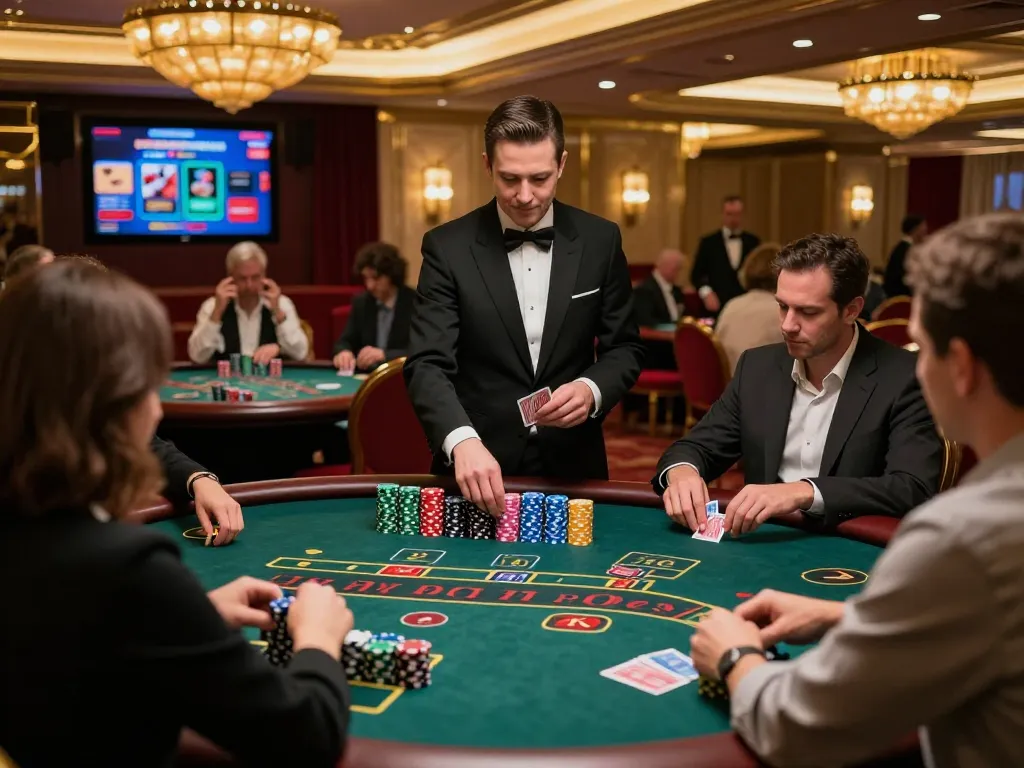 A blackjack game in progress where players strategize bets at https://va88.moe/ with colorful chips and focused expressions