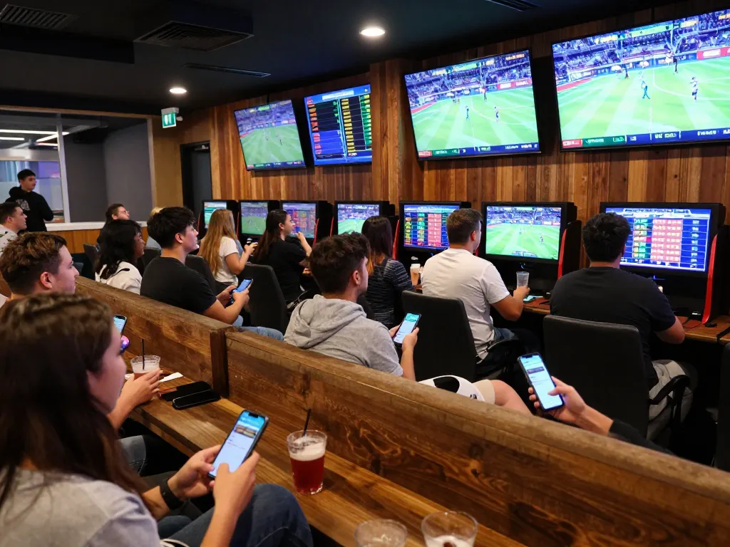 Fans placing bets on sports at https://go8.onl/ in a lively betting lounge, showcasing excitement and engagement
