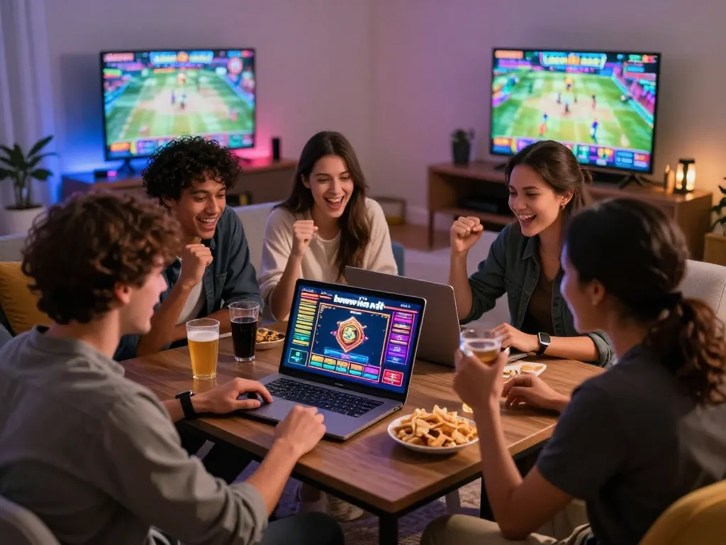Friends enjoying online gaming on https://bomwin.jp.net/ in a lively living room setting.