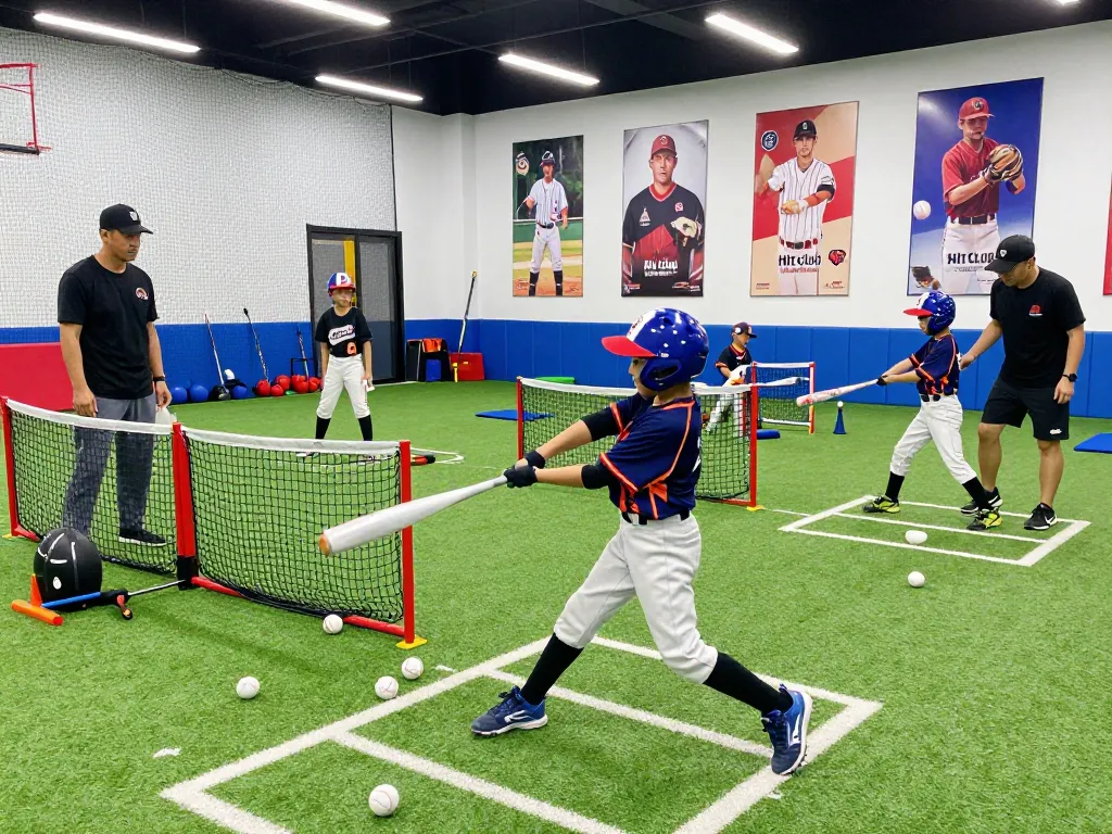 Young athlete at Hitclub practicing baseball swing in a vibrant training facility with coaching support.