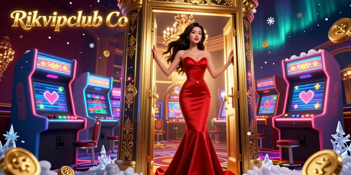 Experience winning thrills with Rikvipclub Co in a lively casino scene featuring glowing arcade games.