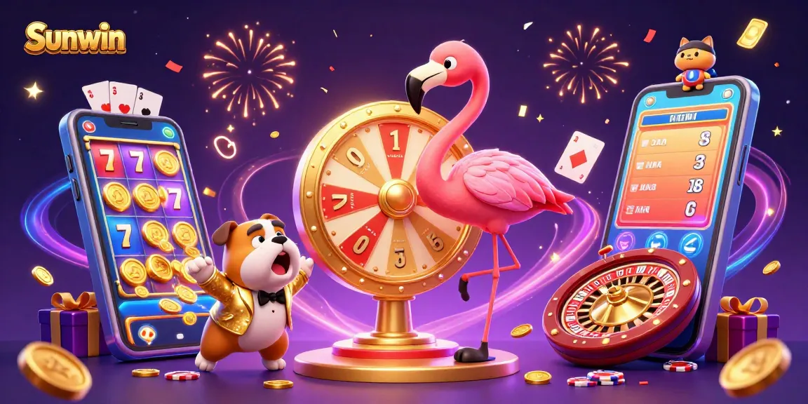 Spin to win with Sunwin in this vibrant casino-themed illustration featuring exciting game elements.