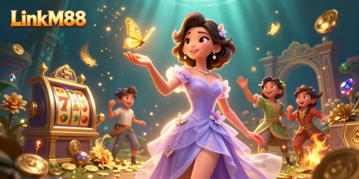Engage with Link M88's vibrant slot gaming scene featuring golden butterflies and magical elements.