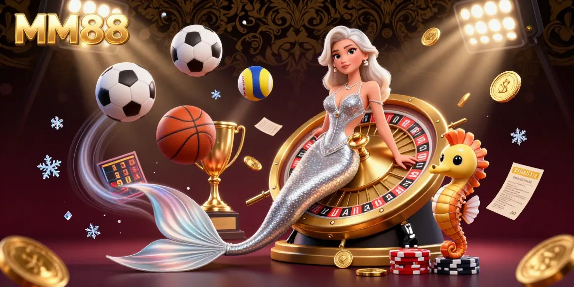 Bet on MM88 with a vibrant 3D illustration showcasing casino games, golden elements, and sports dynamism.