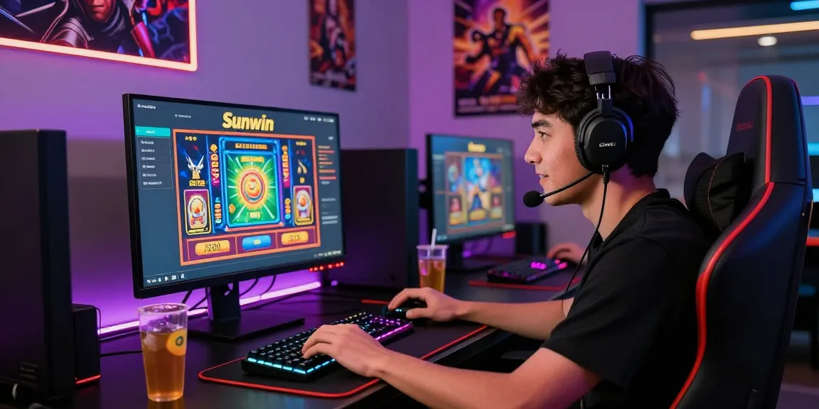 Excited gamer playing Sunwin online casino games in a vibrant gaming setup.