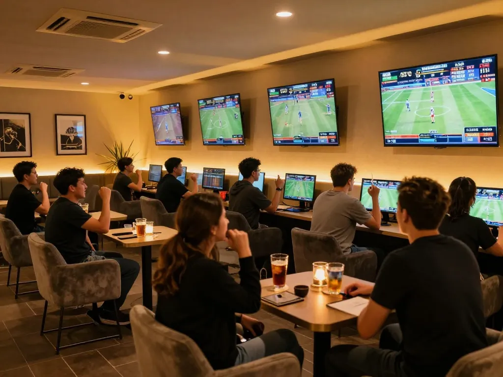 Net88 players engaged in live sports betting, showcasing screens with real-time odds and a vibrant atmosphere