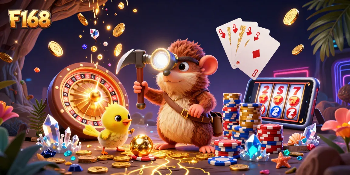 F168 treasure hunter mole and canary exploring a cave, surrounded by casino gold coins and gems.