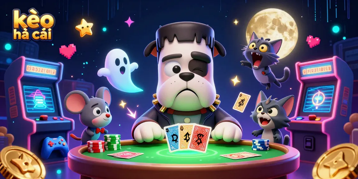 Experience thrilling kèo nhà cái action with a Frankenstein bulldog dealer at a mystical card table.