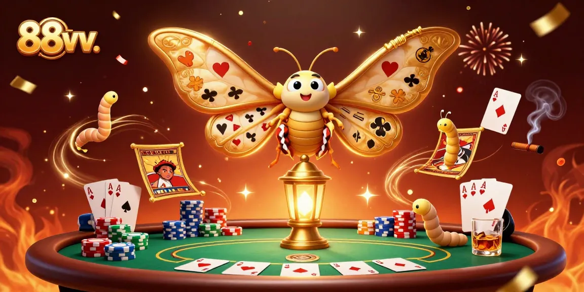 Engage with 88vv. through a vibrant poker scene featuring a majestic moth and golden casino elements.