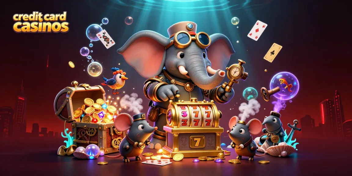 Experience thrilling action at credit card casinos with a steampunk elephant engineer at a vibrant slot machine.