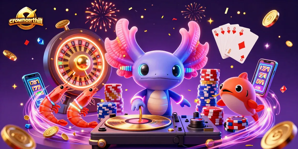 Experience crownnorthill's vibrant casino scene with an axolotl DJ and glowing shrimp dancers.