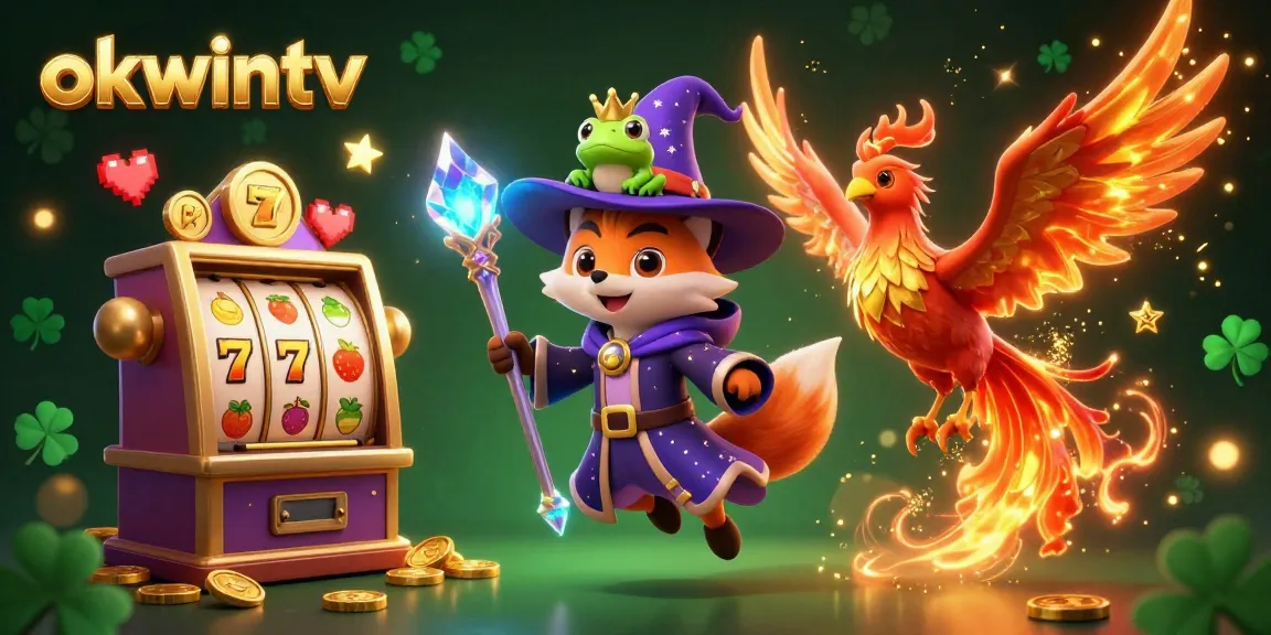Experience the excitement of okwintv with a vibrant gaming scene featuring a wizard fox, phoenix, and slot machines.