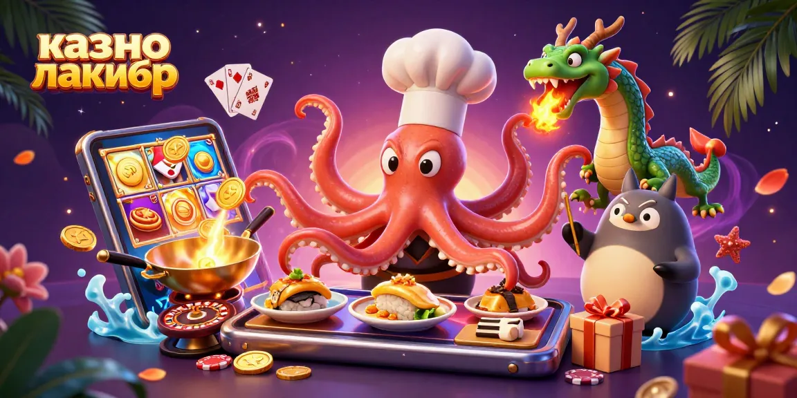 Playful scene of казино лакибир with characters celebrating wins and spinning games in vibrant 3D illustration.
